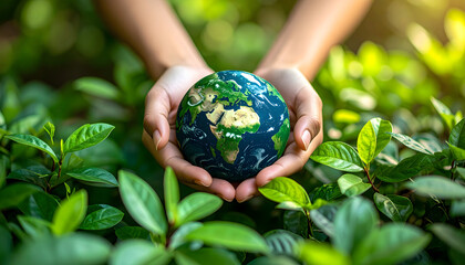 Preserving Our Planet: Hands cradle the Earth in a symbolic act of care, surrounded by vibrant greenery, echoing the importance of environmental stewardship.