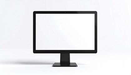 A sleek black monitor stands alone, casting a subtle shadow on the pristine white background, awaiting content on its bright screen