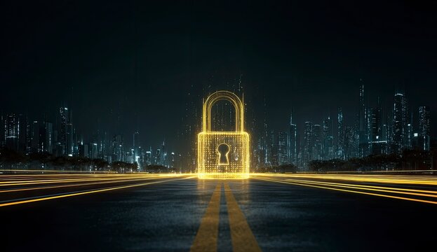 Cybersecurity Digital Lock Night Cityscape
