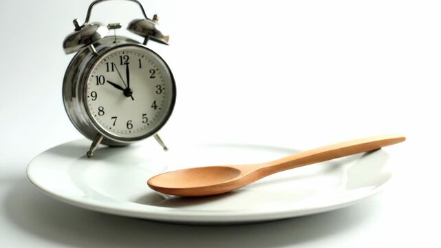 Alarm Clock and Wooden Spoon on a Plate with White Background