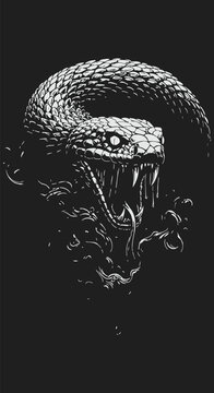 Dramatic Black and White Illustration of a Venomous Snake with Open Mouth.