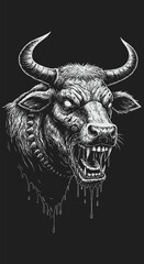 Ferocious Bull with Glowing Eyes and Spiked Collar Mouth Ajar.