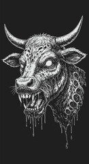 Monstrous Bull Head with Dripping Decay and Piercing Horns in Graphic Style.