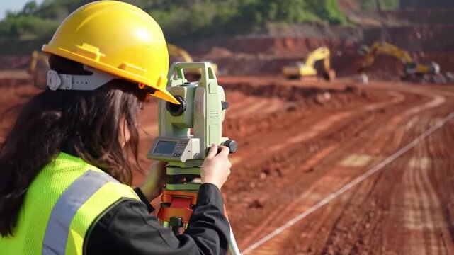 Civil Engineer Surveying Land with Total Station at a Construction Site