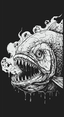 Ferocious Fish Illustration with Sharp Teeth and Dripping Drool Aggressive Expression.