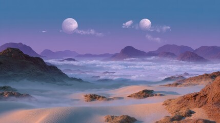 Ethereal Desert Landscape with Two Moons and Rolling Fog