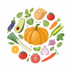 Fresh organic food ingredients vector set, vegetables and fruits illustration, farm to table concept, healthy eating, culinary design elements, vibrant natural colors
