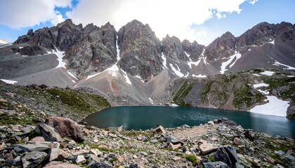 Mountain lake nestled amongst rocky peaks