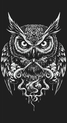 Fototapeta premium Intricate Black and White Owl Illustration with Ornamental Smoke and Dripping Details.