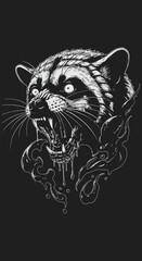 Ferocious Raccoon Head with Open Mouth and Dripping Saliva Illustration.