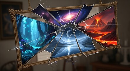 Shattered Mirror of Realms: A surreal art piece depicts a shattered mirror, revealing glimpses of fantastical realms and cosmic scenes, blending reality and imagination.