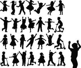 Flat Vector Illustration of Happy Children Dancing, Playing, Jumping, Running, Riding Scooters, Silhouette Style, Fun Activities