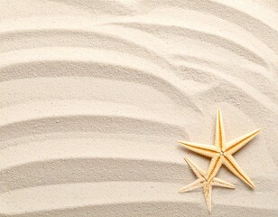 Two starfish sit on patterned sand. Gentle waves mark the sand, creating a peaceful, warm, beach scene. Copy space available on the left