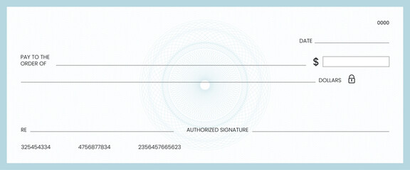 Blank bank check, checkbook cheque template or money payment paper voucher, vector mockup. Business or personal account cash pay cheque certificate or paycheck coupon from checkbook