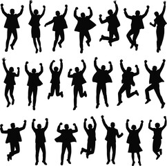 Happy Business People Silhouettes, Cheerful Men and Women Jumping, Celebrating Success and Achievement, Vector Illustration for Graphic Design