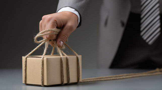 Delivery package rope hand business parcel shipping cardboard secure delivery with package tied by rope hand, corporate style, focused