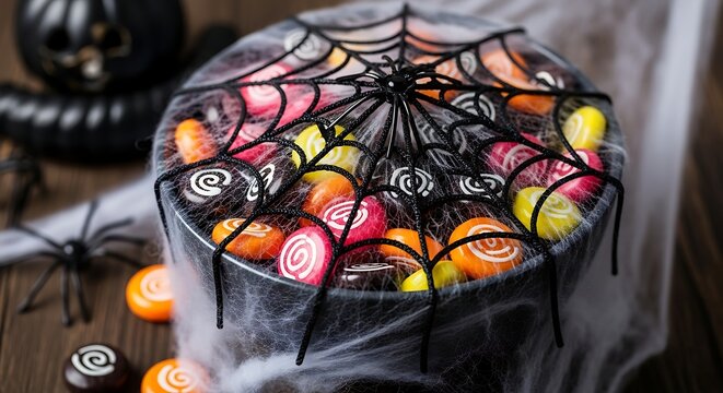 Halloween candy bowl: A delightful array of Halloween candy displayed in a decorative bowl, creatively adorned with a spooky spider web for a festive Halloween theme. 