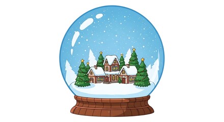 Winter Wonderland in a Snow Globe: A charming illustration of a cozy house nestled amongst evergreen trees, enveloped by a serene snowfall within a glass sphere.