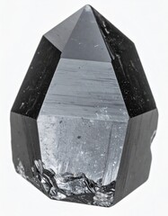 Close-up of a dark, multifaceted crystal with a sharp point against a white backdrop, showcasing rough and smooth textures on the surface