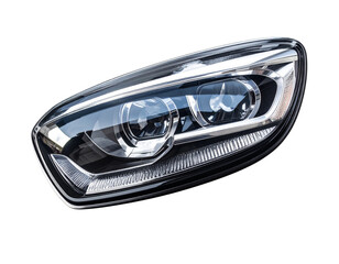 Close-Up Angled Car Headlight Detail with Chrome Finish and Soft Reflection, Isolated on Transparent Background