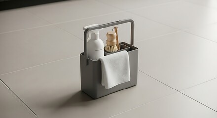 Clean Home Essentials: A minimalist cleaning caddy neatly arranged with essential tools such as a bottle of detergent, a brush, and a clean cloth. Evoking a sense of simplicity and practicality.