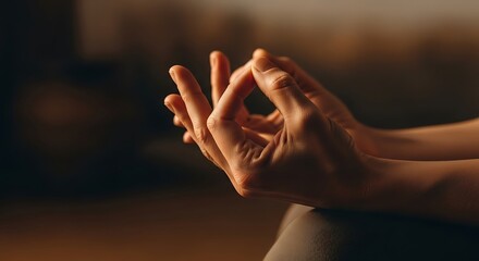 Serene Meditation Gesture: The hands of a practitioner in a moment of profound meditation, the subtle movement of fingers into the classic gesture, a symbol of inner peace and spiritual well-being. 