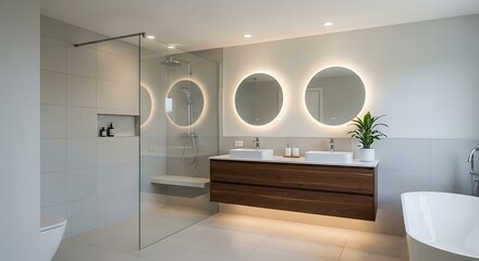 Luxurious Bathroom: Modern bathroom design showcases a stylish vanity with twin sinks, illuminated round mirrors, and a glass shower enclosure, creating a bright and inviting space.