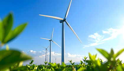 Wind Turbines Under a Blue Sky: A row of wind turbines stand tall against a vivid blue sky, symbolizing sustainable energy and a cleaner future.