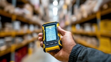 Medium shot of a worker holding a Bluetooth handheld device focused on the screen displaying warehouse aisle directions with blurred shelves in the background. - Powered by Adobe