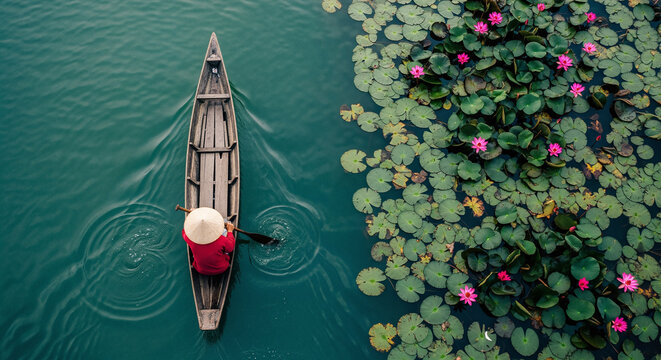Aerial view of a boat in a tranquil lily pad pond in Asia