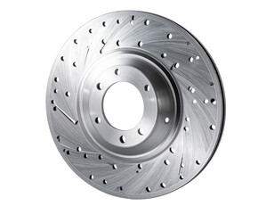 Motorcycle Brake Disc Angled Shot with Glossy Metallic Finish, High-Performance Component, Isolated on Transparent Background