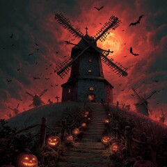 Haunted Windmill on a Hilltop with Glowing Jack-o&rsquo;-Lanterns and Blood-Red Moon