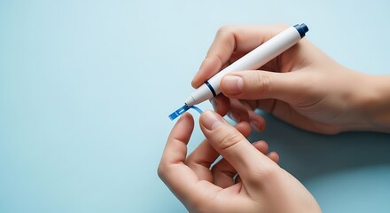 A person's hands are shown using a blue marker to draw on a small piece of blue tape.
