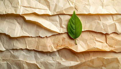 Eco-Conscious Composition: A single, vibrant green leaf rests gracefully on a bed of textured, aged paper.