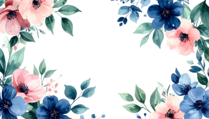 Watercolor floral frame with soft green leaves, navy blue and soft pink flowers, elegant botanical design