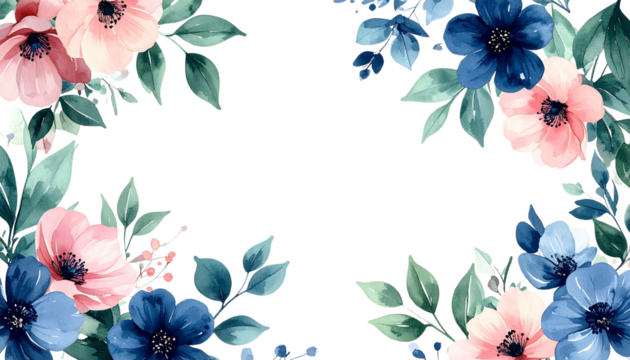 Watercolor floral frame with soft green leaves, navy blue and soft pink flowers, elegant botanical design