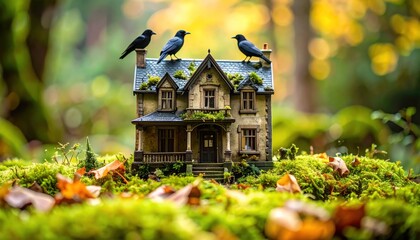 A miniature house sits upon mossy ground, watched by three crows against a blurry autumn forest backdrop