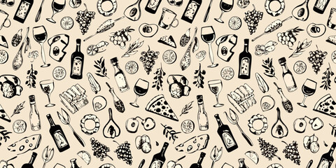 Hand drawn sketch pattern of food and wine elements on a light background
