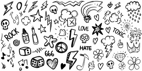 A collection of hand drawn black and white doodle icons representing rebellion and edgy themes