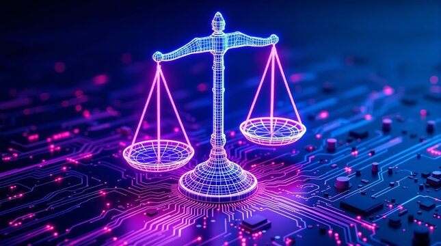 Digital law justice scales technology concept cyber security legal tech ai ethics innovation future - Powered by Adobe