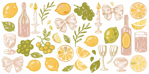 A charming collection of hand drawn elements featuring lemons grapes bottles candles and bows for a festive celebration