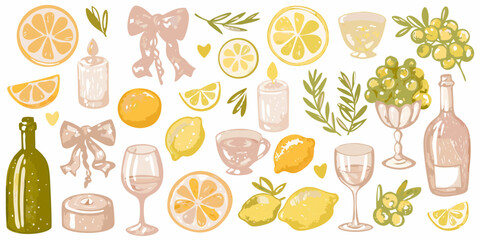 A charming collection of hand drawn elements featuring citrus fruits wine bottles glasses candles and decorative bows