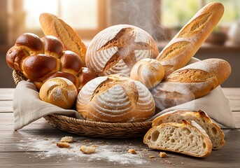Artisanal bread assortment in basket with warm rustic appeal concept