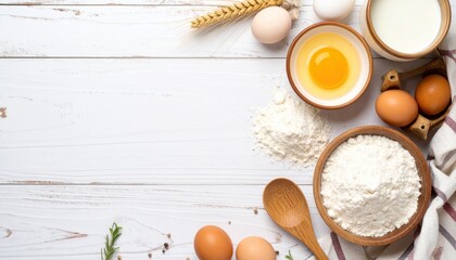 Ingredients for baking are arranged in a rustic, neutral layout on white wood surface. Eggs, flour, milk and grain are showcased in a soft light