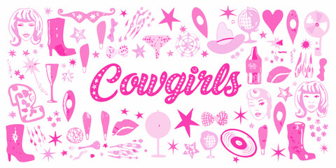 Pink cowgirls themed collage with boots hats lips stars and disco balls