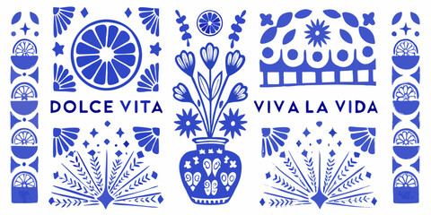 Vibrant blue and white folk art design with floral motifs and citrus slices celebrating life © John Lee