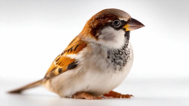 Sparrow in Focus: A stunning close-up portrait of a charming sparrow, showcasing its intricate feather patterns and the captivating gaze of its eye. It is a perfect representation of simple beauty. 