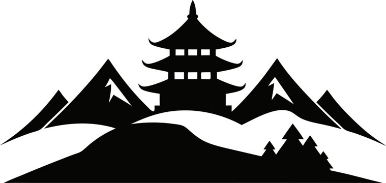 Clean Hue Vietnam Pagoda and Mountain Vector Silhouette