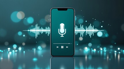 Voice recording app on smartphone for podcasting and audio editing with sound waves and microphone icon