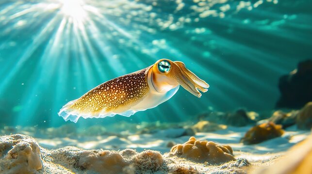 Cuttlefish hovering over a brightly lit sandy reef bed, its skin pattern shifting to match the light-dappled seabed 